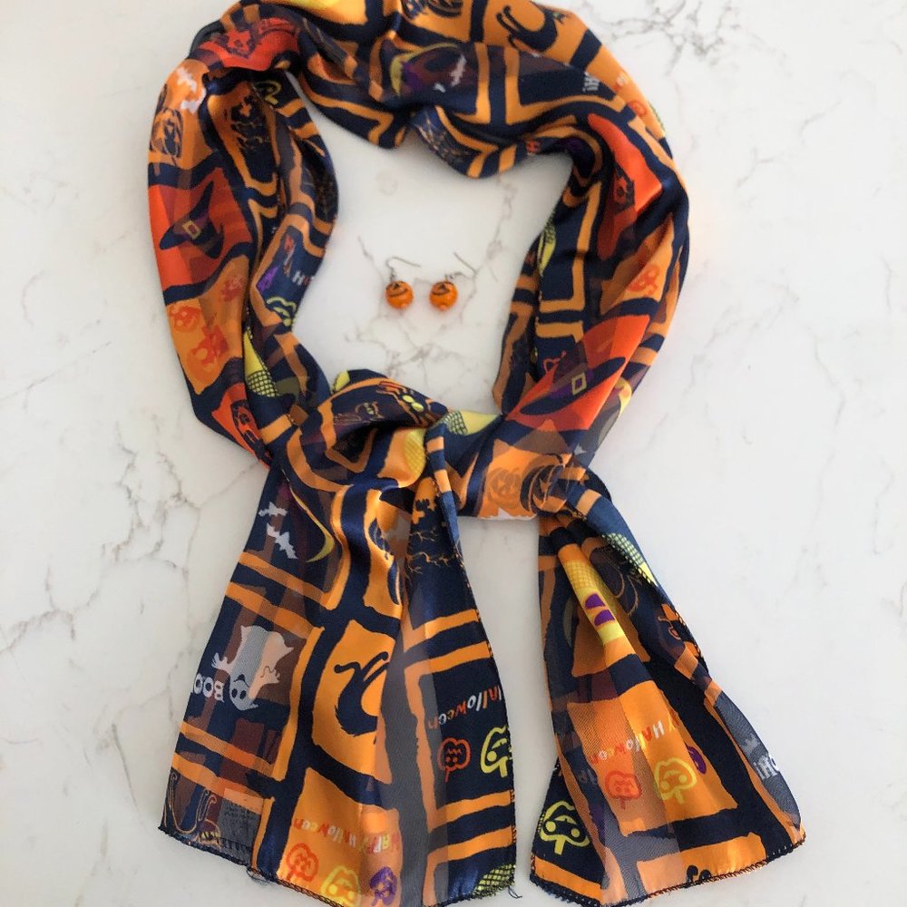 Fun Bundle of Halloween Scarf and Jack O Lantern Glass Earrings
